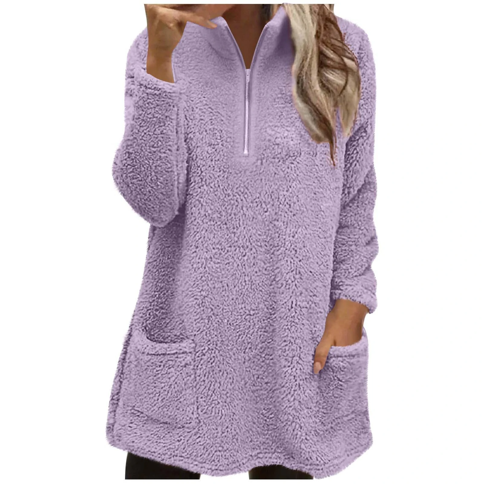 KUIH Womens Fleece Sweatshirt Half Zip Fluffy Pullover Jumpers Long Oversized Sweatshirts for Women Thick Warm Longline Fleee Tops Thermal Tunics Ladies Soft Fuzzy Sweaters Cosy Blouses