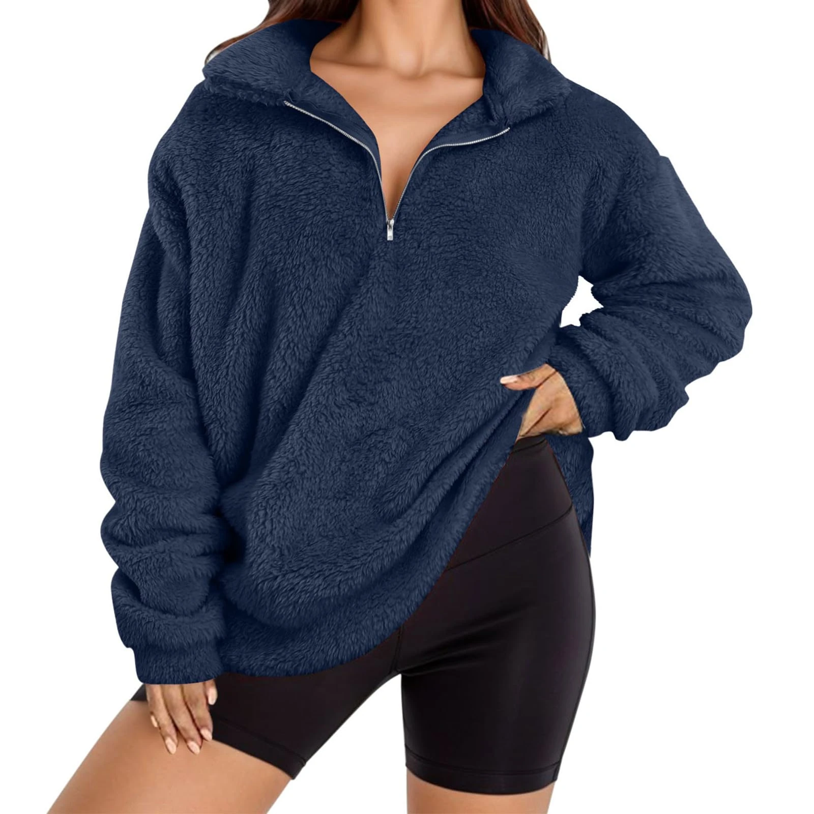 KUIH Half Zip Jumper Women Fleece Sweatshirt 1/4 Zip Cosy Top Long Sleeve Stand Collar Teddy Fleece Tunic Tops Double Fleece Fluffy Pullover Tops Oversized Sweatshirts Fall Winter Warm Coats