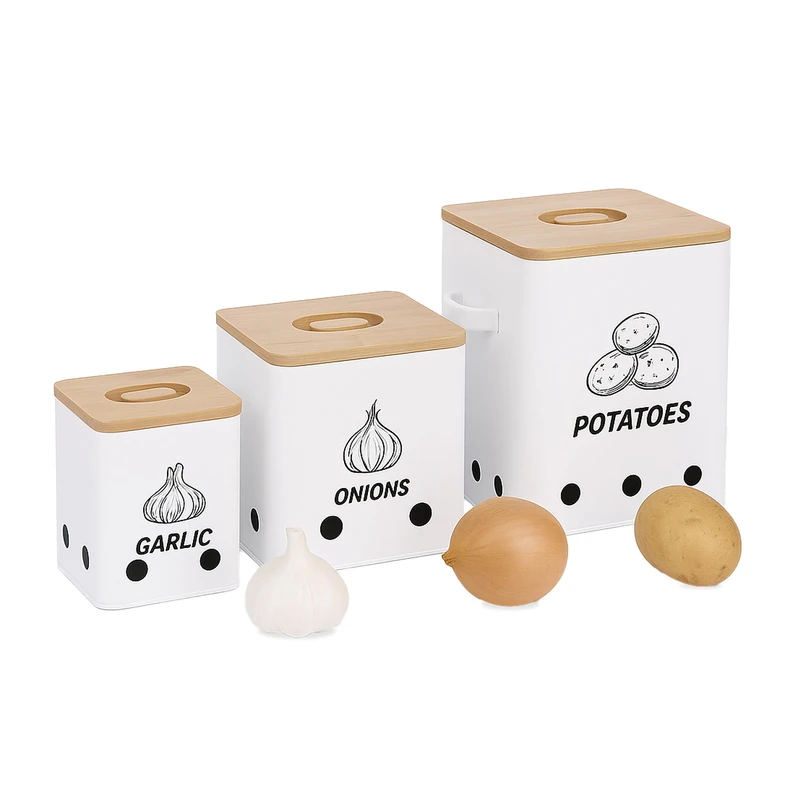 Relaxdays Potato Storage Box Set of 3 for Onions, Garlic, Metal, Bamboo Lid, Square, White/Natural