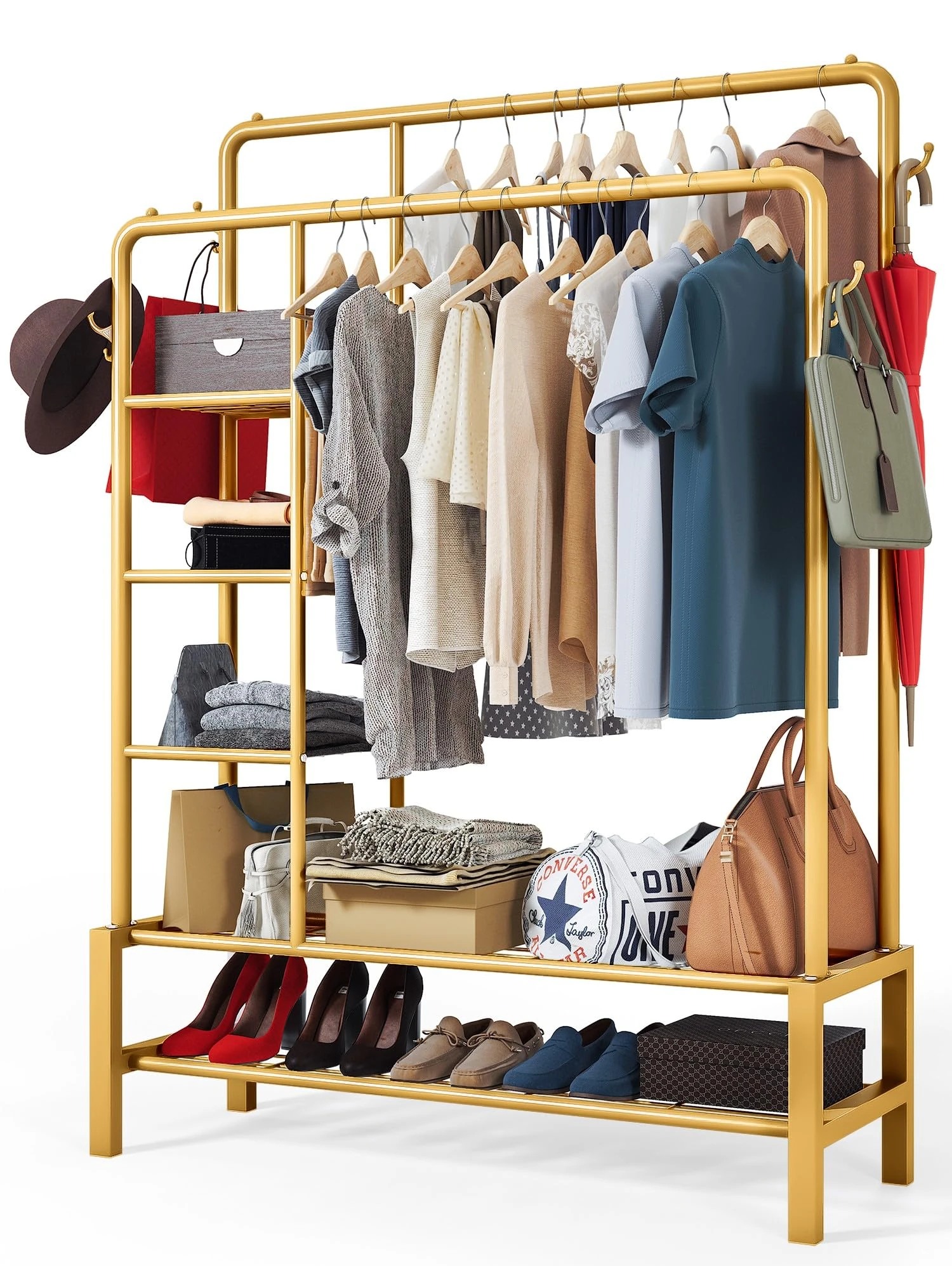 Klass Home Collection Heavy Duty Clothes Rail, 120KG Gold Metal Rack With Double Hanging Clothing Rail, Shoe Rack, Storage Shelves & 4 Coat Hooks, Wardrobe Clothes Rails For Bedroom Office