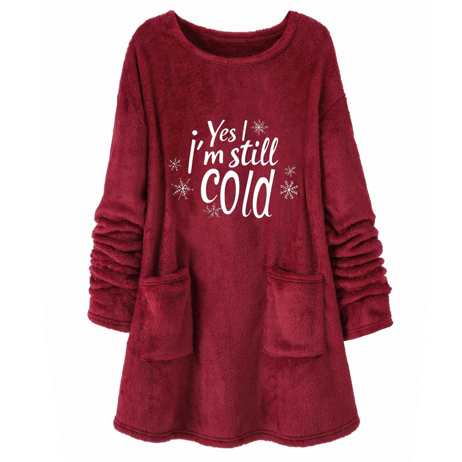 KUIH Long Sweatshirt Women Oversized Jumper Sherpa Fleece Longline Sweatshirts Letter Print Warm Tops Autumn Winter Sweaters Ladies Fluffy Tops Thermal Thicken Pullover with Pockets