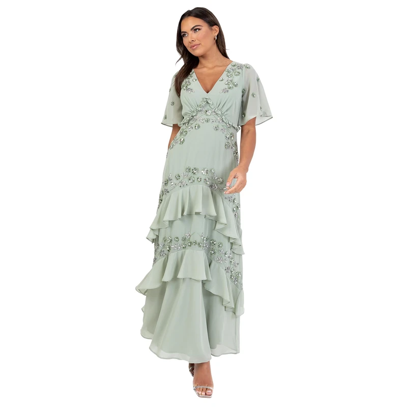 Women's Maxi Dress Ladies V-Neck Angel Sleeve Floral Bead Embellished Tiered Ruffle A-line Bridesmaid Wedding Guest Prom, Green Lily, 16