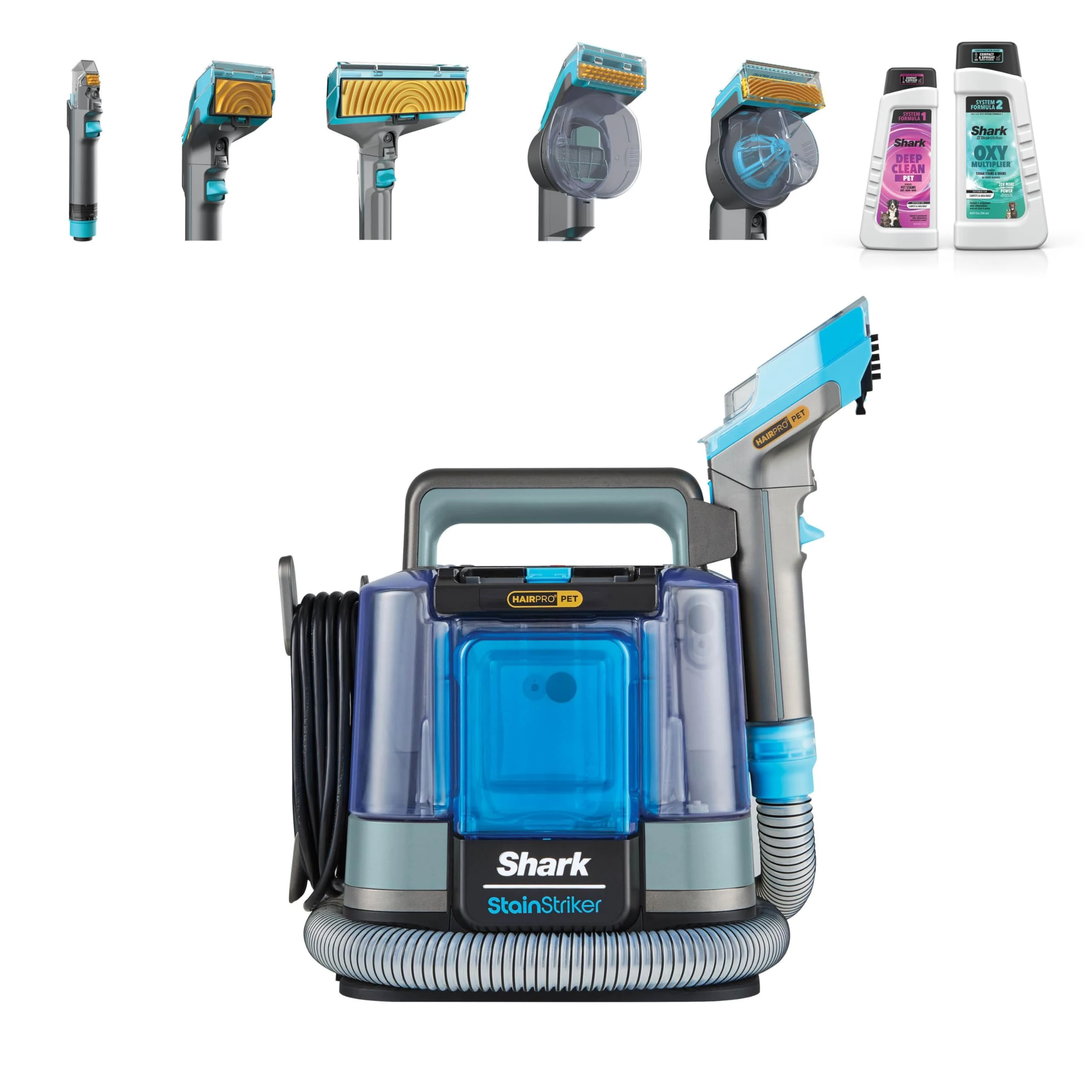 Shark StainStriker HairPro Pet Spot Cleaner, Carpet & Upholstery Cleaner, Anti-Clog Pet Hair Extractor, Removes Tough Stains & Odour, Lightweight, Portable, Inc 4 Tools & 2 Cleaning Formulas PX250UKCP
