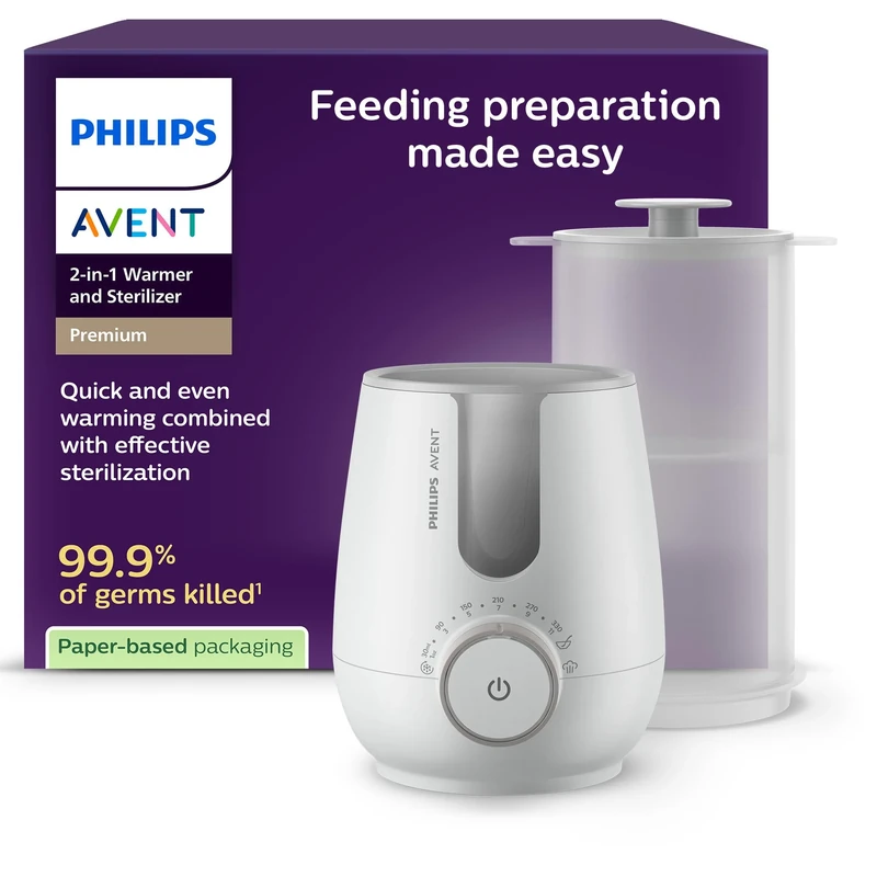 Philips Avent Premium 2-in-1 Warmer & Sterilizer - with Hospital-Standard Water Bath Technology, Smart Temperature Sensor, Hotspots Prevention, Chemical-Free Sterilization, Model SCF359/00
