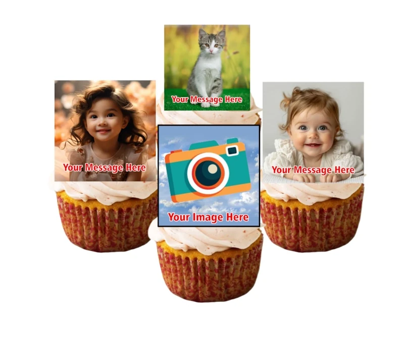PRE CUT Personalised Photo/Your Logo Cupcake Toppers Edible Premium Wafer Paper Custom Cake Topper (24 x 1.5 inch Square)