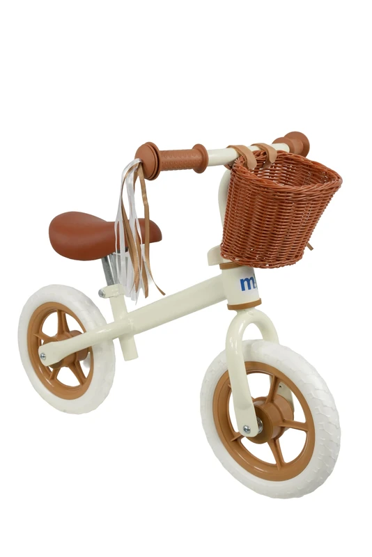 MoVe Girls Balance Bike 10" Wheels | Retro Cream & Brown with Basket & Tassels | Adjustable Handlebars & Seat | Kids Toddler No Pedal Walking Training Bicycle | Ages 2+