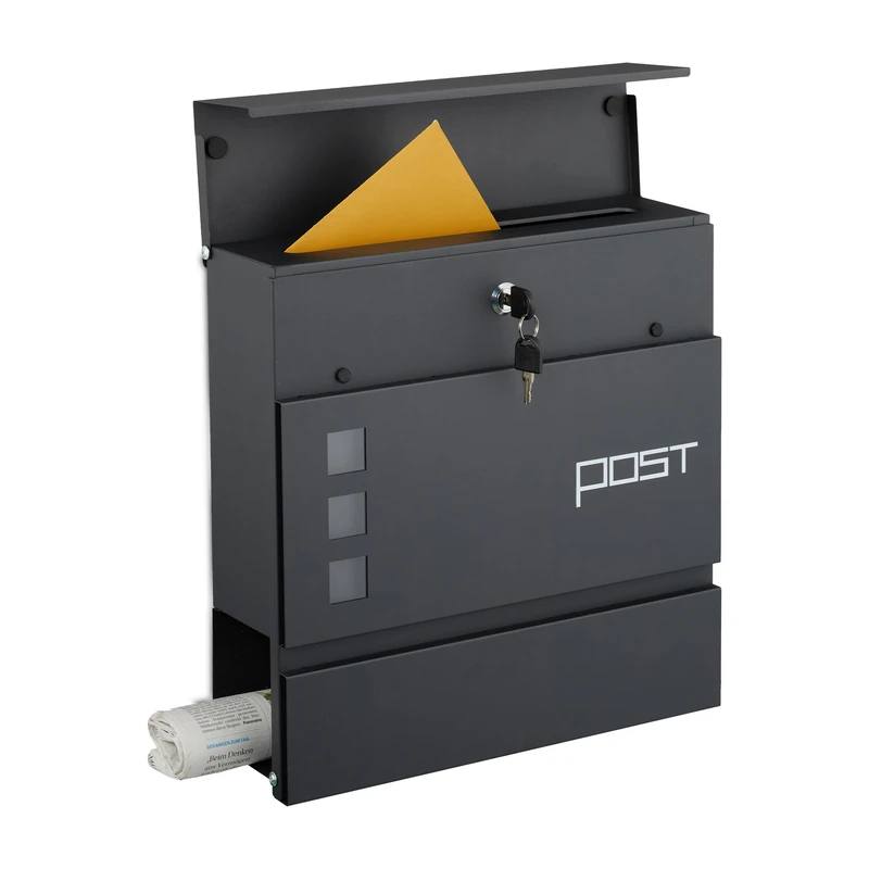 Relaxdays wall mailbox with newspaper slot, HxWxD: 37 x 37 x 12 cm, iron, 4 keys, postbox with design, anthracite