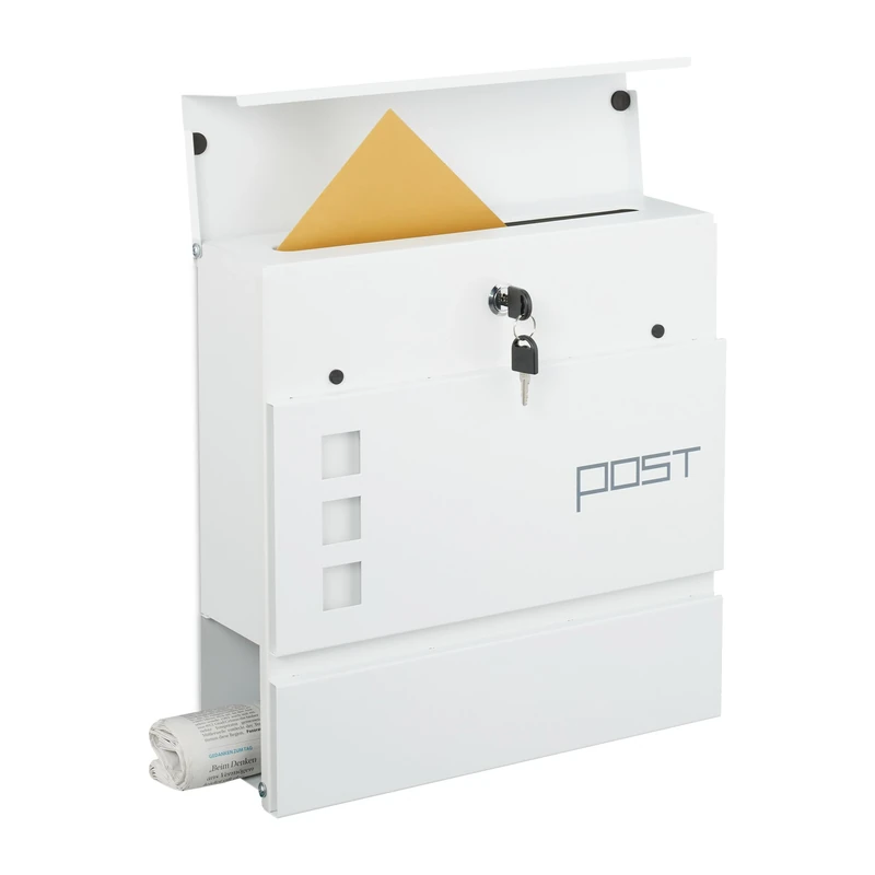 Relaxdays mailbox with newspaper holder, HxWxD: 37 x 37 x 12 cm, metal, 4 keys, postbox with text, white