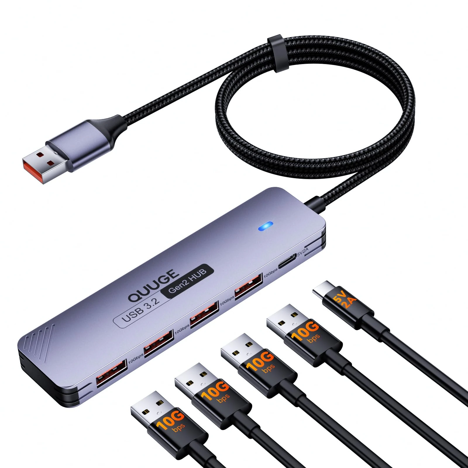 USB 3.2 Hub 10Gbps, QUUGE 4 Port USB Hub (Data Only) with 5V2A Type-C Power, USB 3.2 Splitter Hub 1.2m Braided Cable for Laptop, Desktop, MacBook Air/Pro, PS5 and Surface Pro
