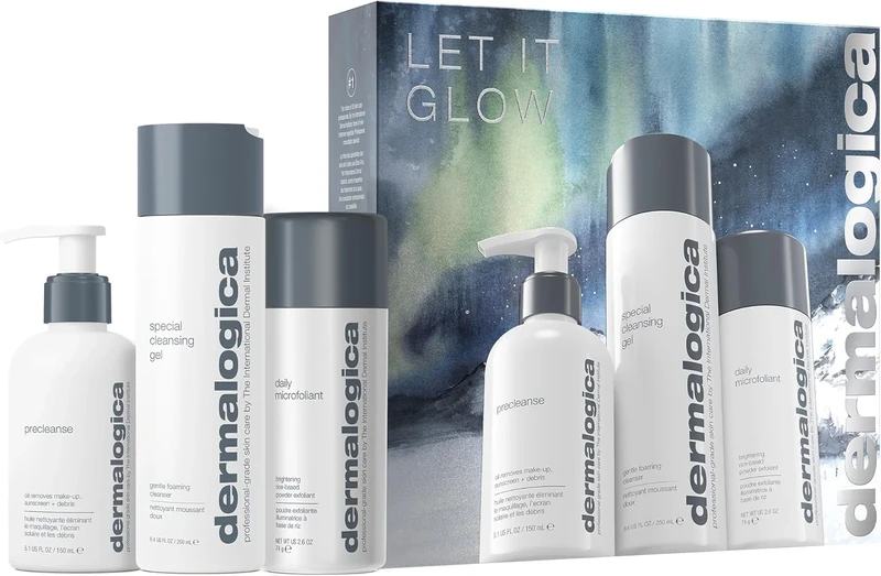 Dermalogica Let It Glow Christmas Gift Set - Facial Cleansing Skincare Set Includes Precleanse (150ml), Special Cleansing Gel (250ml), and Daily Microfoliant (74g)