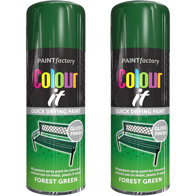 Paint Factory All Purpose Forest Green Spray Paint Pack 2 (400ml Each) - Gloss Finish Interior and Exterior Forest Green Spray Paint for Metal, Plastic, and Wood