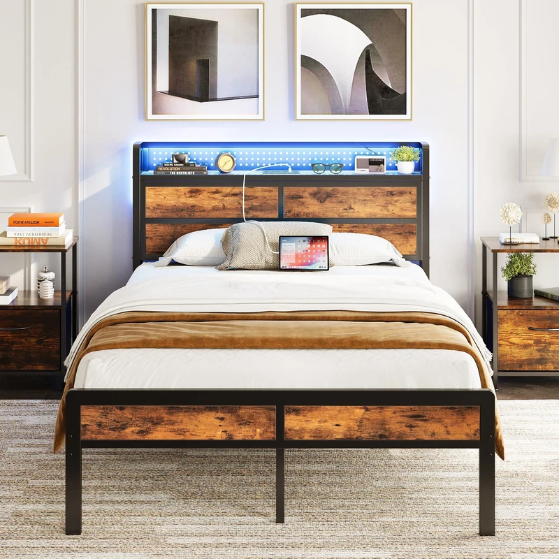 IRONCK Small Double Bed Frame with Storage Headboard & LED Lights, Platform Bed Frame Small Single with Charging Station, Metal Bed Frame, UnderBed Storage/Mattress Foundation, Vintage Brown