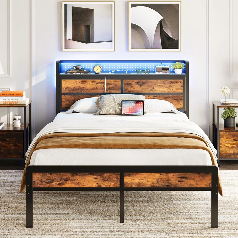 IRONCK Double Bed Frame with Storage Headboard & LED Lights, Platform Bed Frame Double with Charging Station, Metal Bed Frame, UnderBed Storage/Mattress Foundation, Vintage Brown