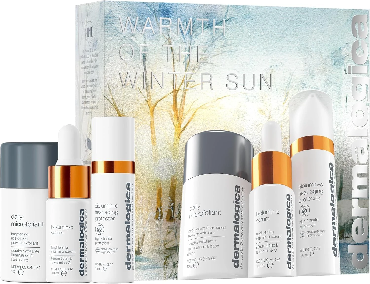 Dermalogica Warmth Of The Winter Sun Christmas Gift Set - Travel Sized Skin Care Set Includes Daily Microfoliant (13g), Biolumin-C Serum (10ml), and Heat Ageing Protector Moisturiser (15ml)