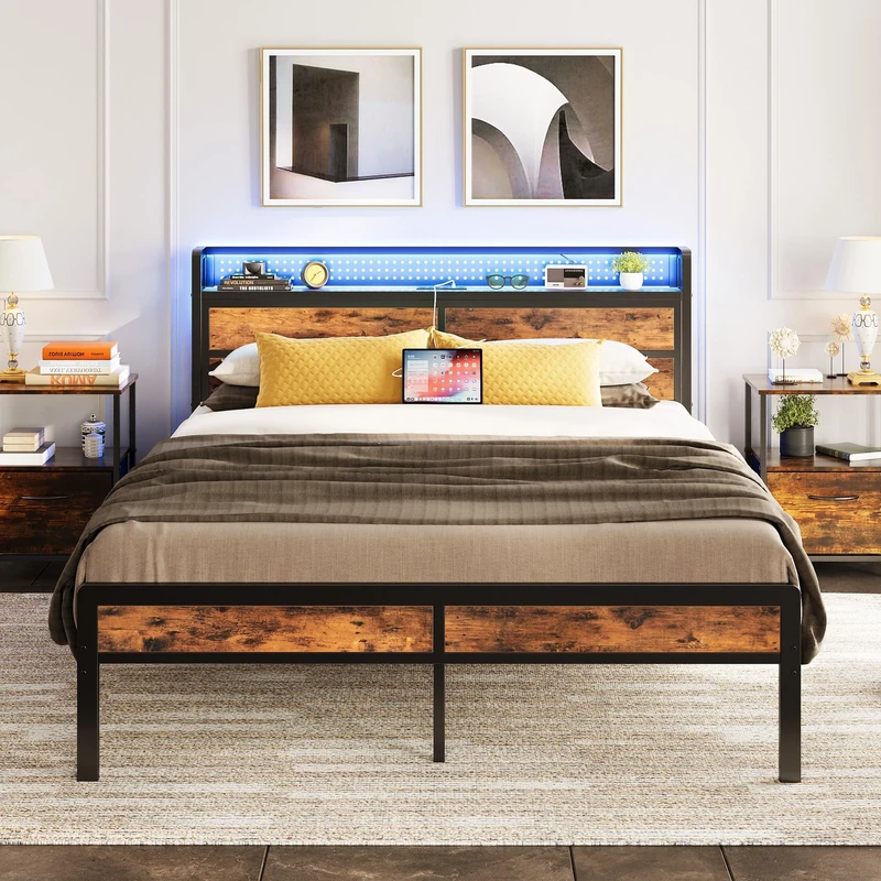 IRONCK King Size Bed Frame with Storage Headboard & LED Lights, Platform Bed Frame King Size with Charging Station, Metal Bed Frame, UnderBed Storage/Mattress Foundation, Vintage Brown