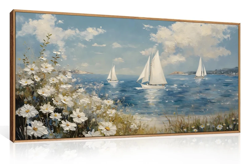 FWIEXA Coastal Wildflower Canvas Wall Art Framed, Ocean Sailboats Pictures Wall Decor, Beach Flower Seascape Painting, Blue Sky 20x40In Artwork for Living Room, Bedroom, Bathroom, Rustic Farmhouse