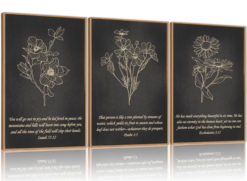 FWIEXA Dark Christian Bible Verse Canvas Wall Art Set of 3, Minimalist Scripture Wall Decor, Religious Black Beige Abstract Floral Painting, 24x36In Vintage Artwork for Living Room,Bedroom,Prayer Room