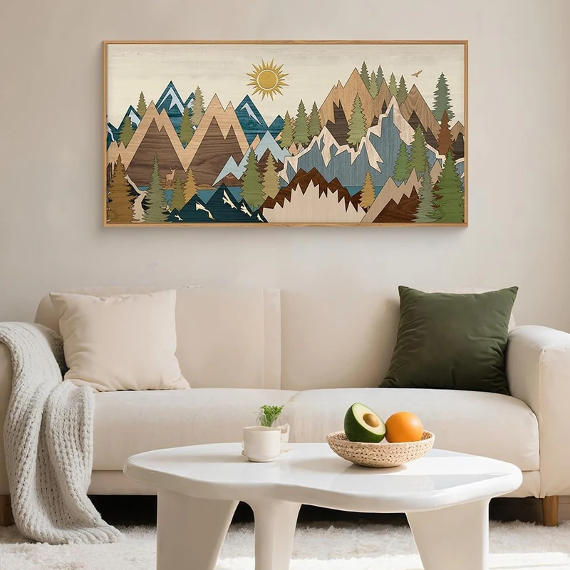 FWIEXA Large Mountain Woodcut Style Canvas Wall Art, Sunrise Pine Tree Wall Decor, Forest Animal Painting, Nature Wilderness Lake Landscape, 20x40In Rustic Artwork for Living Room, Bedroom, Bathroom
