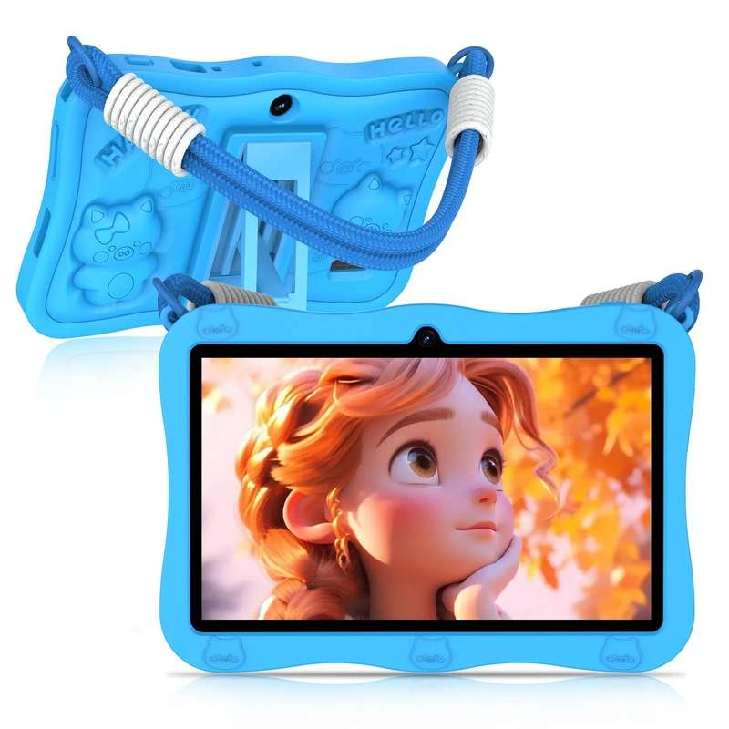 VASOUN Lanyard Kids Tablet 7 inch, 32GB Toddler Tablet Android 13 with WiFi, Dual Camera, Education, Games, Kids Software Pre-Installed, Parental Control,Blue