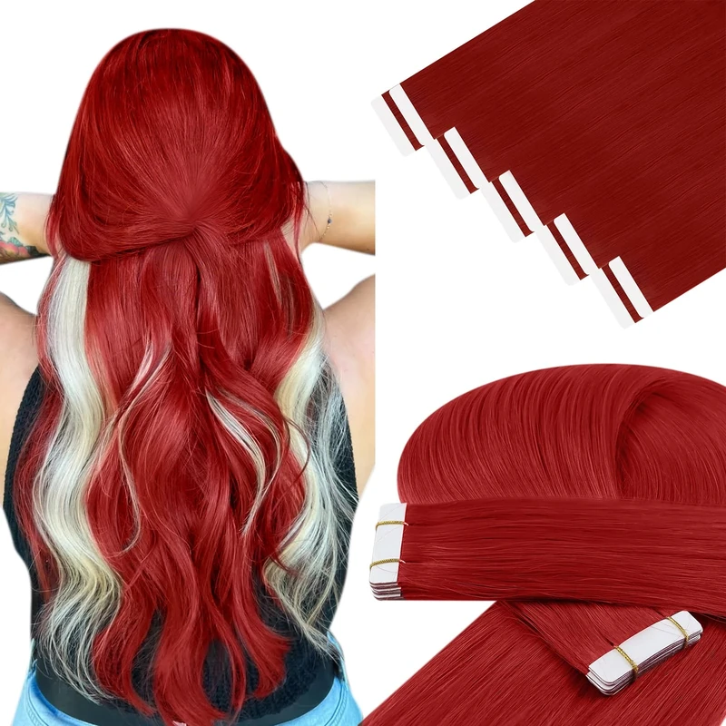 YoungSee Red Human Hair Tape in Extensions Red Tape Extensions Human Hair 24In 25G 10Pcs Colored Remy Hair Extensiosn Tapes for Highlight Easy to remove
