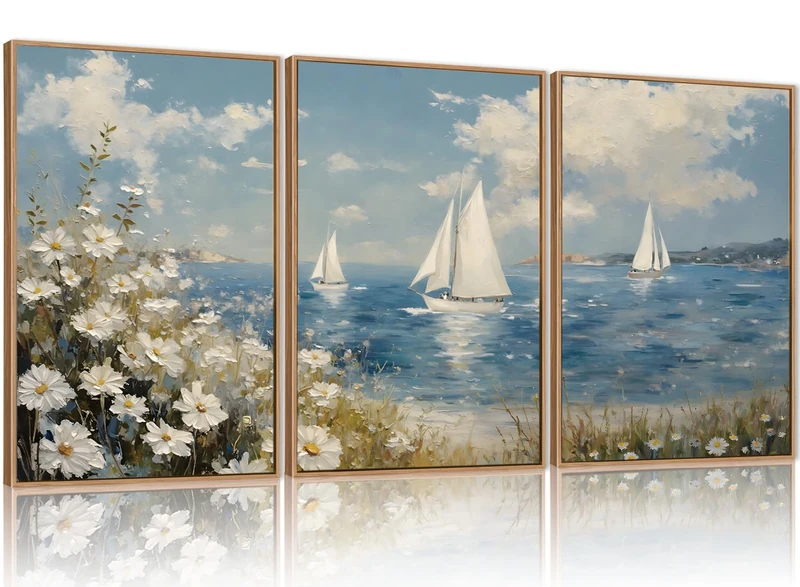 FWIEXA Coastal Wildflower Canvas Wall Art Framed, Ocean Sailboats Pictures Wall Decor, Beach Flower Seascape Painting, 3 Pieces 16x24In Nautical Blue Sky Artwork for Living Room, Bedroom, Bathroom