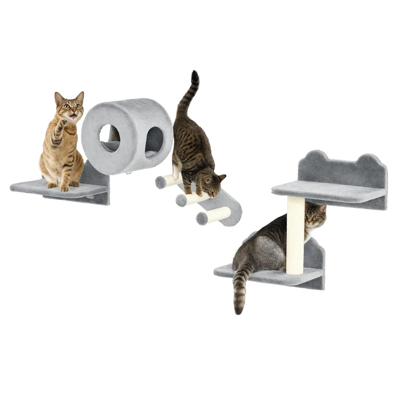 PawHut 4PCs Wall Mounted Cat Tree, Cat Wall Furniture with Platforms, Steps, Scratching Post, Perch, Kitty House for Indoor Kittens - Grey