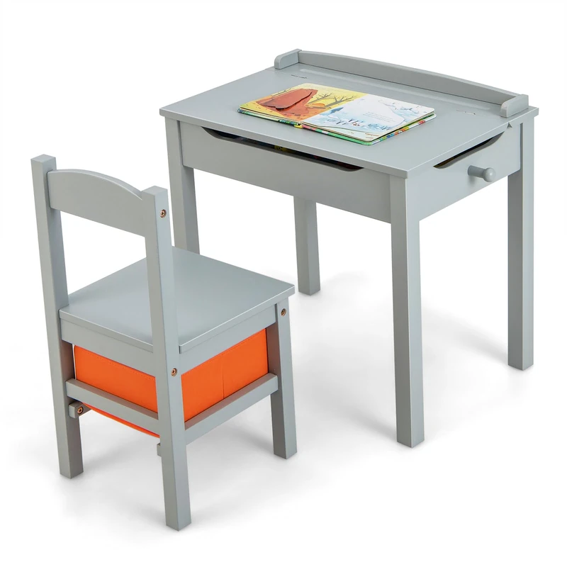 SFAREST Children Table and Chair Set, Flip Top Kids Activity Table with Chair, Storage Box, Hidden Space & Hook, Wooden Toddler Furniture Set for Playing Studying Dining Drawing (Grey) - Image 1