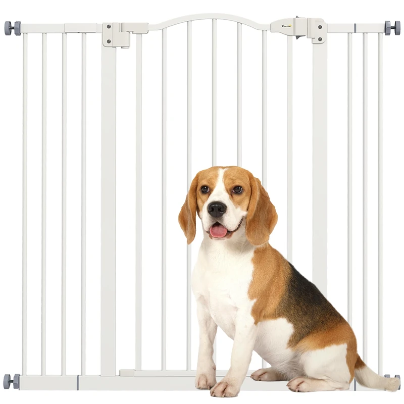 PawHut Dog Safety Gate, Extendable 74-100 cm, Pressure Fixing Stair Gate, No Drilling, Double Locking, Self-Closing, Height 94 cm, White