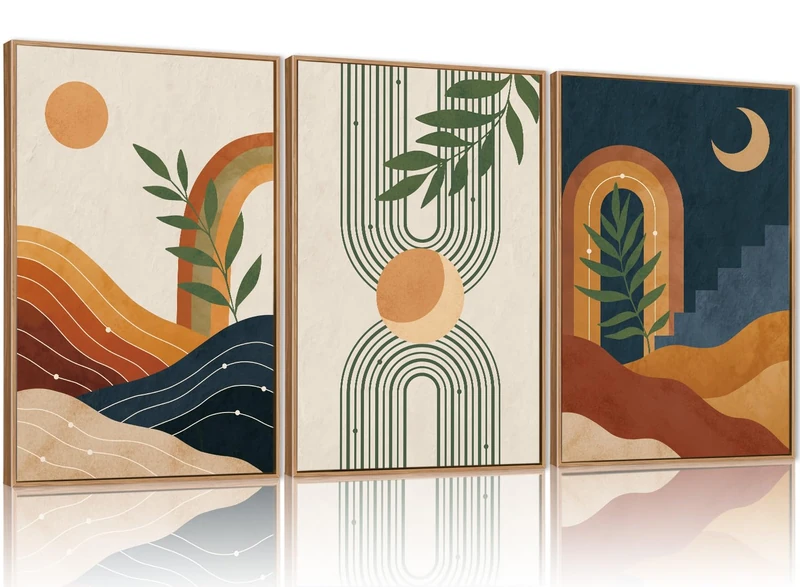 FWIEXA Vintage Boho Nature Framed Canvas Wall Art Set of 3, Minimalist Geometric Sun Moon Line Wall Prints, Abstract Green Leaf Painting, 24x36In Modern Beige Navy Blue Artwork for Living Room,Bedroom