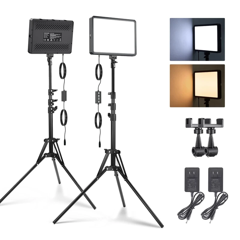 NEEWER BASICS 2 Pack 25W LED Video Panel Lighting Kit, 2 59" Tripod Stands, 4 Cold Shoes, 2880lx/0.5m 2700-6500K Dimmable Slim Panel Light for Studio Photography Video Recording Live Streaming, BP25B - Image 1