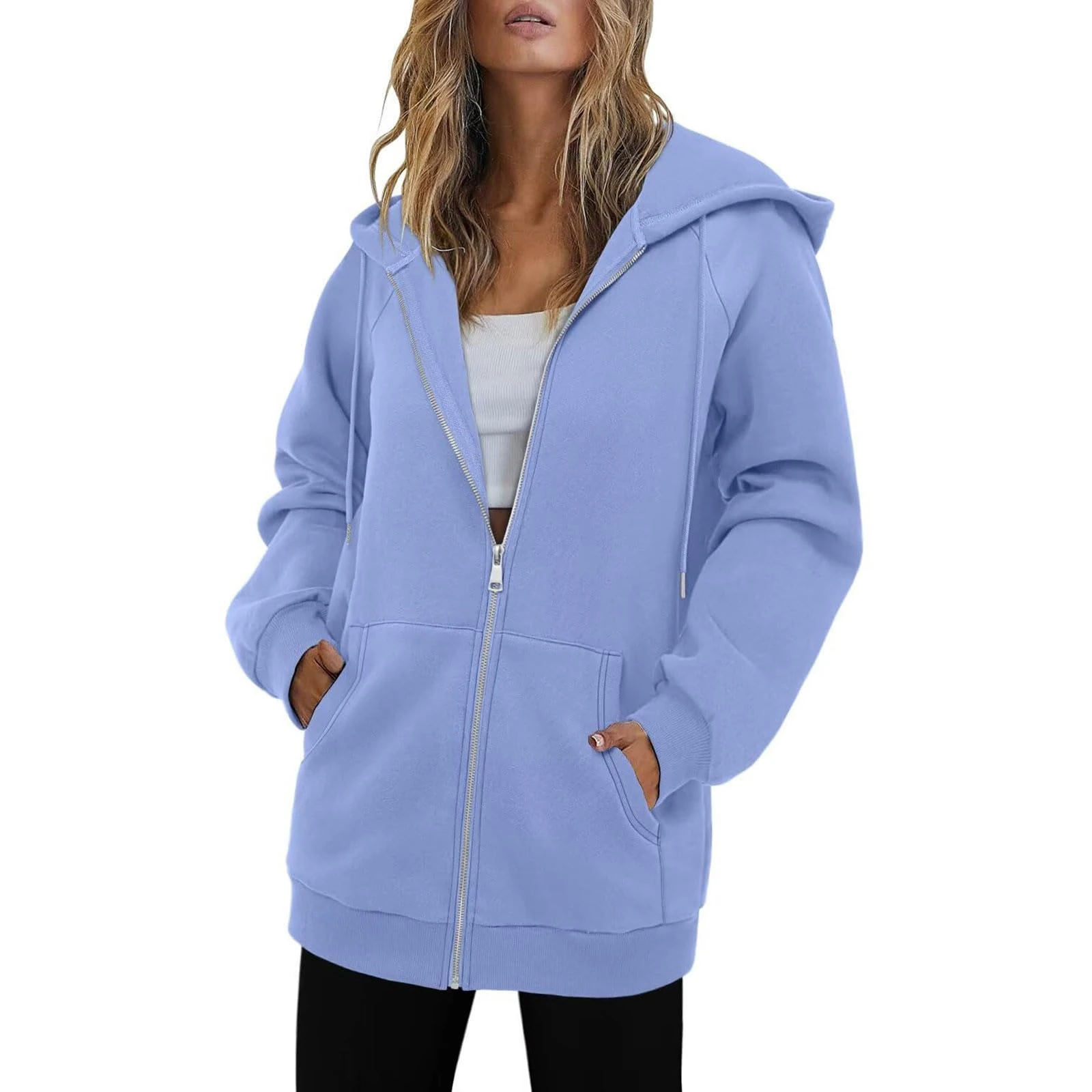 KUIH Women's Longline Hoodie Full Zip Fleece Jacket Warm Coats Ladies Long Hoode Sweatshirt with Pockets Loose Jumpers Sweat Top Fleece Hoodies With Drawstring Thermal Outerwear Womens Cardigans