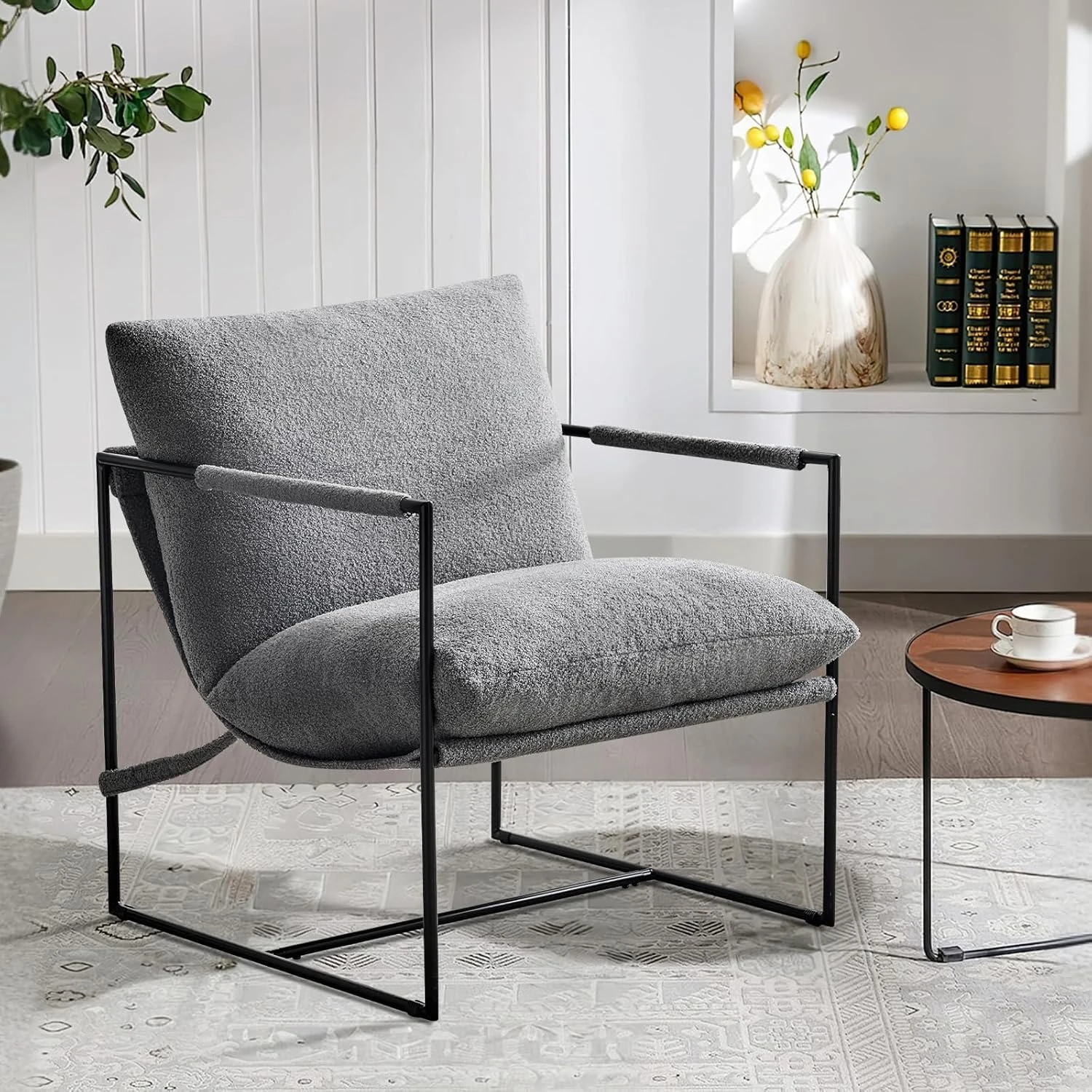 mcc direct Modern Lounge Sling Accent Chair with Metal Frame and Boucle Fabric Ergonomic Cushions Armchair Upholstered Cozy Reading Chair for Living Room, Bedroom, Dressing Room,Office (Grey) - LUCA