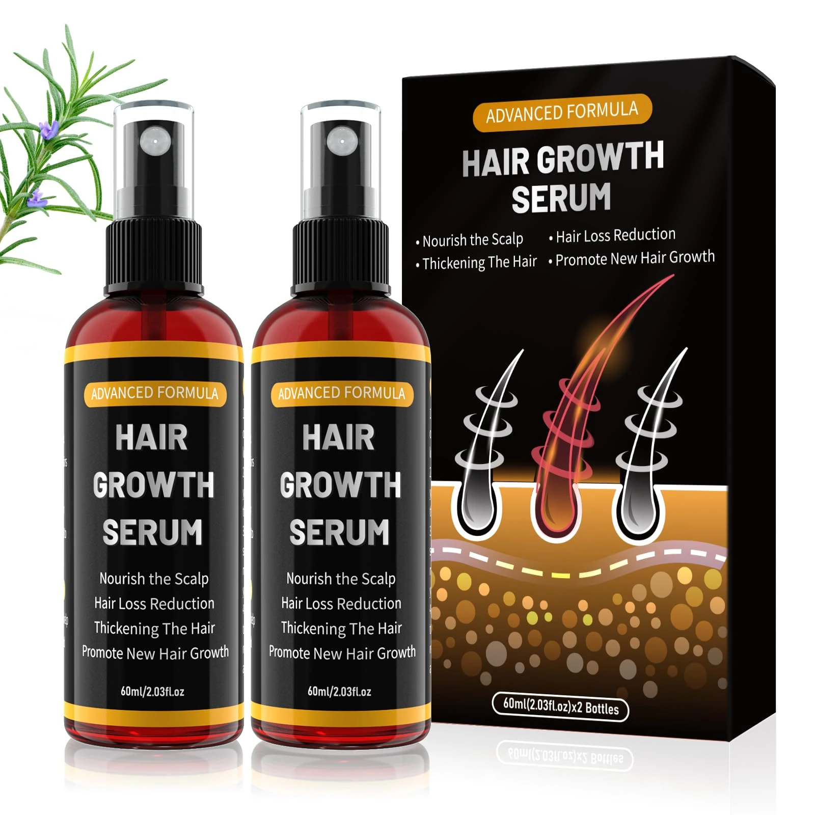 YaaHei Hair Growth Serum for Men/Women, Rosemary Oil for Hair Growth, Reduces Hair Loss,Hair Oil for Dry Damaged Hair,Thickening Hair and Beard,Gentle,Refreshing,60ml (2 pack)