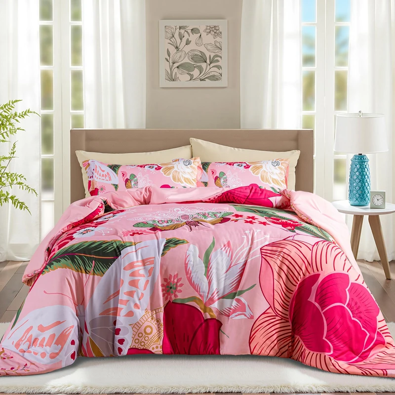 Tyrot Pink Boho Floral Queen Comforter Set - 3 Piece Farmhouse Botanical Bedding Comforter Sets for All Season Soft Lightweight Mid Century Modern Bed Set, (1 Reversible Comforter and 2 Pillow Shams