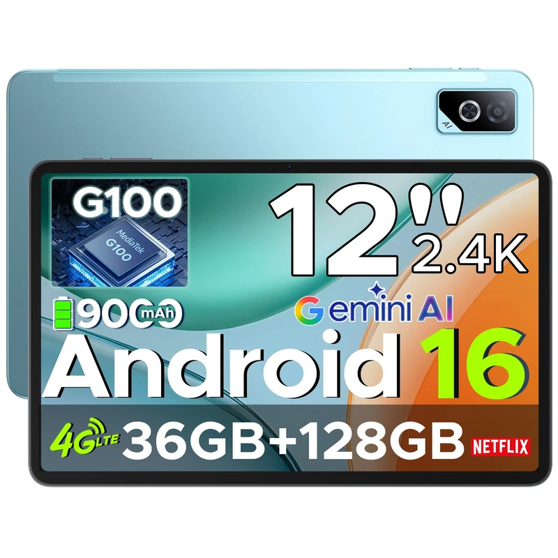 Tab G6 Pro Tablet 12 Inch, Android 16 Tablets, 90Hz 2.4K 36GB RAM+128GB ROM/TF 2TB, Helio G100 Octa-Core Tablet with sim, 4G LTE/5G WiFi/9000mAh/Gemini AI/13MP+8MP/OTG/FACE ID/Dual speakers
