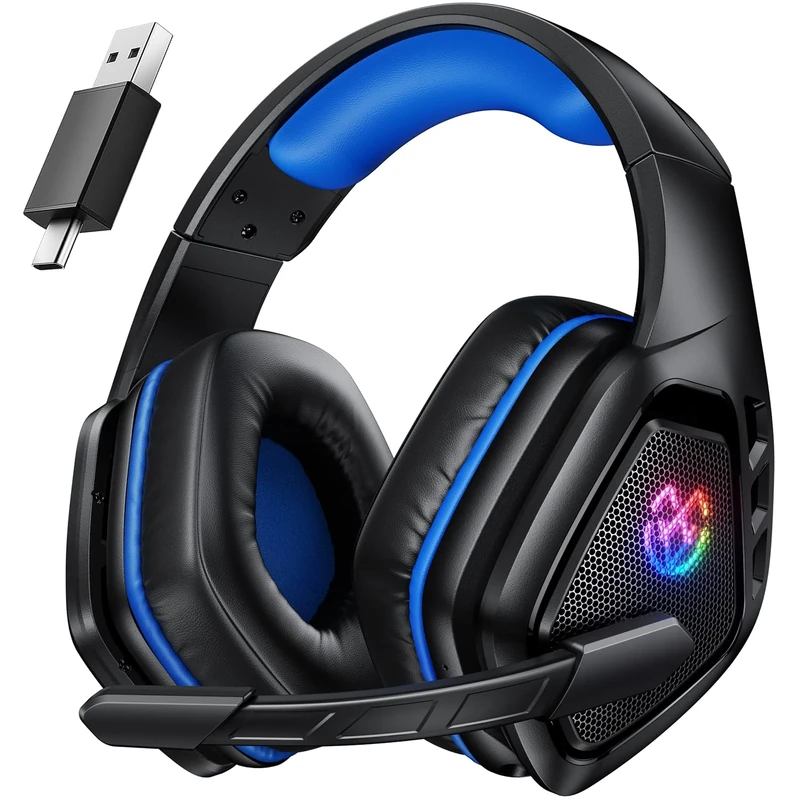Tatybo Wireless Gaming Headset for PC Ps5 Ps4, 2.4GHz USB & Type-C & Bluetooth Gaming Headphones with Mic, 40H Battery Comfortable Gaming Headsets for Switch Laptop Mobile Mac (Black Blue)