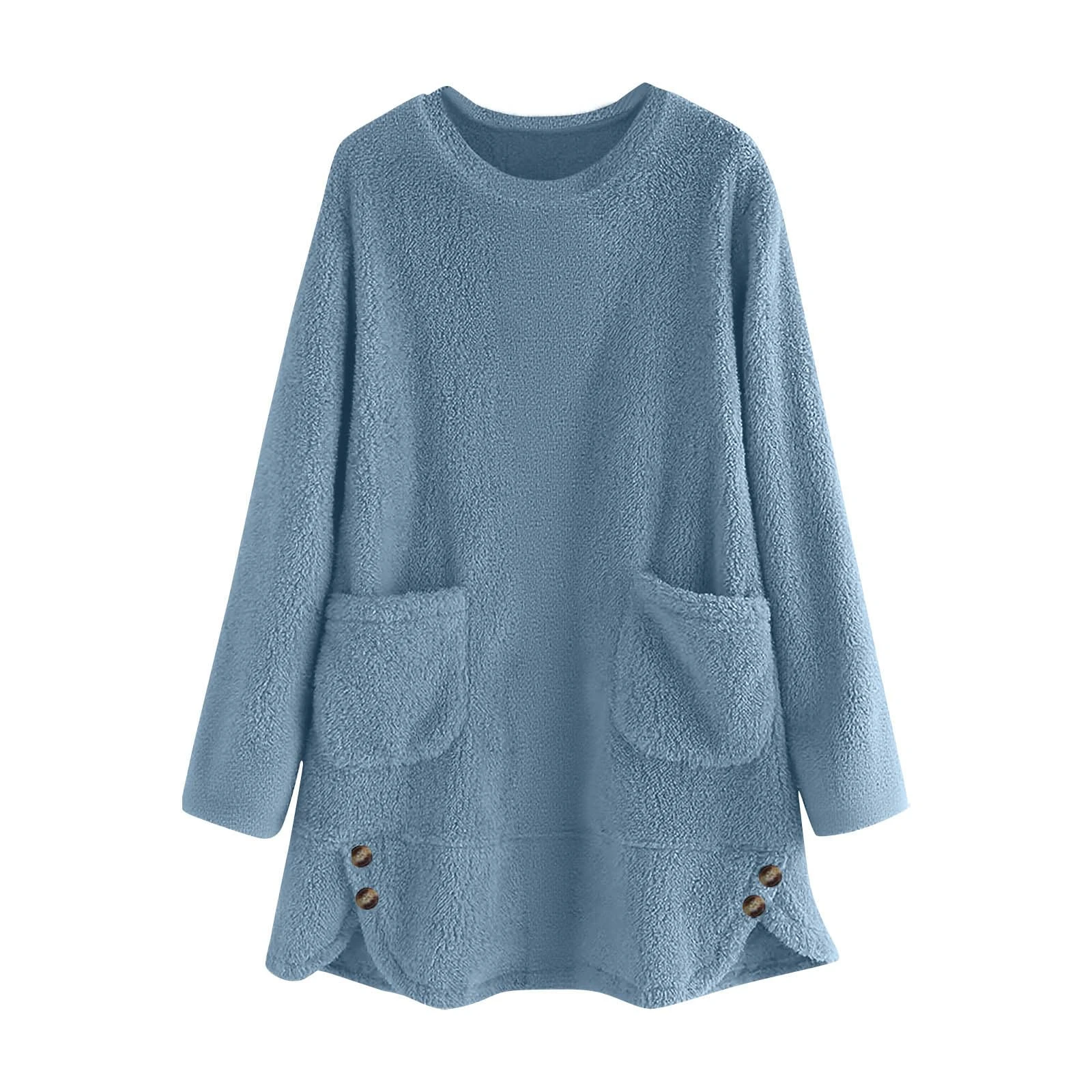 KUIH Women's Longline Sweatshirt Fleece Fluffy Jumpers Baggy Oversized Pullover Tops Plush Blouse Round Neck Long Sleeve Tops Ladies Loose Warm Tunic Fuzzy Sweaters Plus Size with Pockets Light Blue