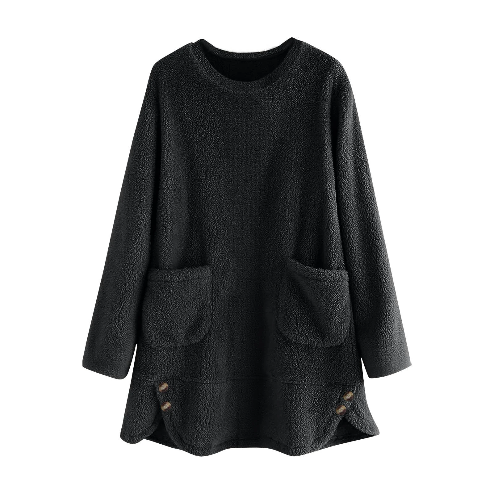 KUIH Women's Longline Sweatshirt Fleece Fluffy Jumpers Baggy Oversized Pullover Tops Plush Blouse Round Neck Long Sleeve Tops Ladies Loose Warm Tunic Fuzzy Sweaters Plus Size with Pockets Black