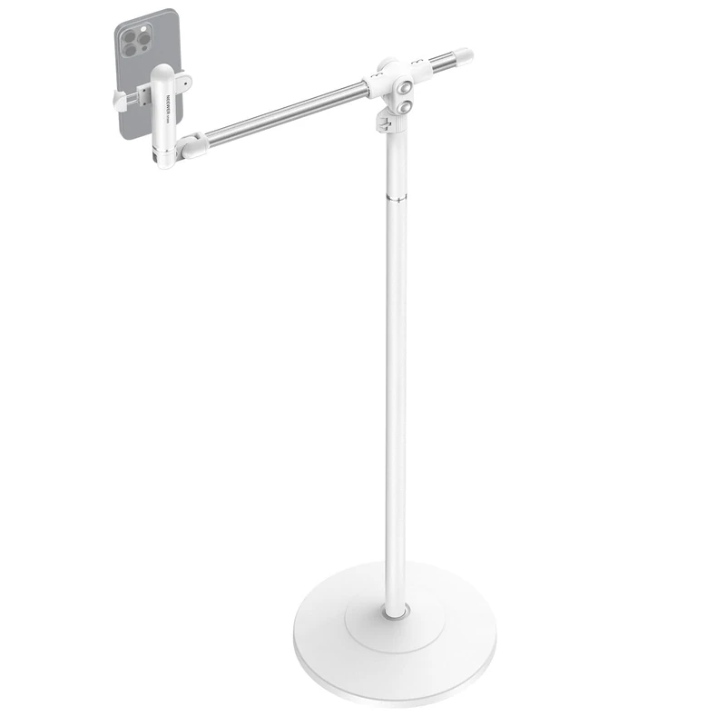 NEEWER BASICS Phone Floor Stand with Horizontal Extension Arm, Adjustable Cell Phone Holder Clamp Mount Compatible with iPhone Samsung for Video Recording Bed Lying Down, Weighted Base, ST009 White