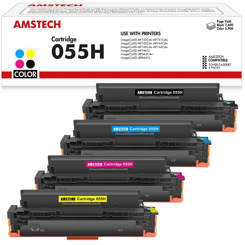 Amstech 055H Compatible Toner Cartridge for Canon 055H 055 High imageCLASS MF744Cdw MF741Cdw MF743Cdw MF745Cdw MF746Cx MF742Cdw LBP663Cdw LBP664Cx MF746Cdw MF740C LBP660C Black Cyan Yellow Magenta