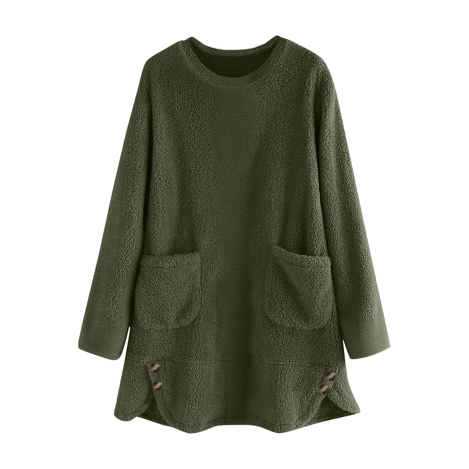 KUIH Women's Longline Sweatshirt Fleece Fluffy Jumpers Baggy Oversized Pullover Tops Plush Blouse Round Neck Long Sleeve Tops Ladies Loose Warm Tunic Fuzzy Sweaters Plus Size with Pockets Army Green