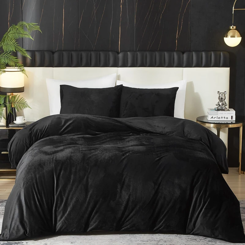 Ivellow Velvet Duvet Cover King Set Black Velvet Duvet Cover King Comforter Cover 3Pcs Ultra Soft Duvet Cover Breathable Solid Luxury Flannel Velour Duvet Cover Zipper Closure Corner Tie