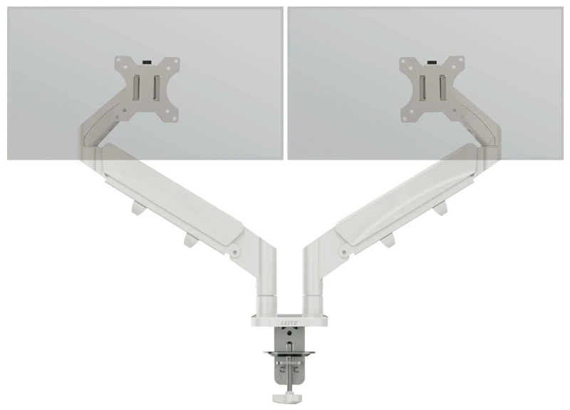 Leitz Ergo Space Saving Double Monitor Arm Mount for 17''-32" Monitors, Ergonomic Desk Stand with Left/Right Swivel, Tilt Rotation and a Load Capacity up to 18kg, VESA Plate, Light Grey, 65370085