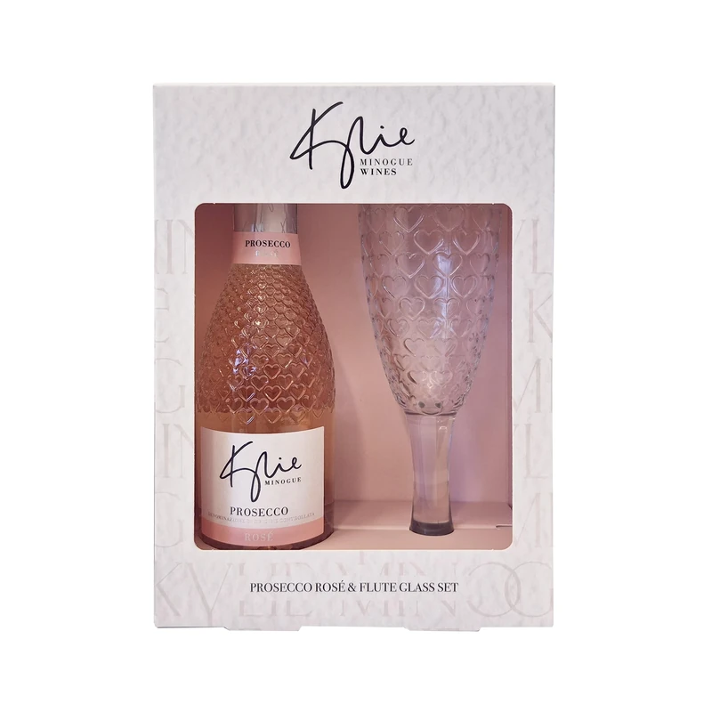 Kylie Minogue Signature Mini Prosecco Rosé D.O.C Gift Set, 20cl, 11% ABV, Elegant Sparkling Rosé with Heart‑Emblazoned Flute, Ideal for Gifting and Special Occasions by Blue Tree Gifts