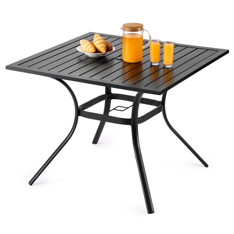 VEVOR Outdoor Patio Dining Table, 94cm Square Metal Steel Slat Backyard Bistro Tables, with 38mm Umbrella Hole, Outside All-Weather Large Furniture for Lawn Garden Porch, Black