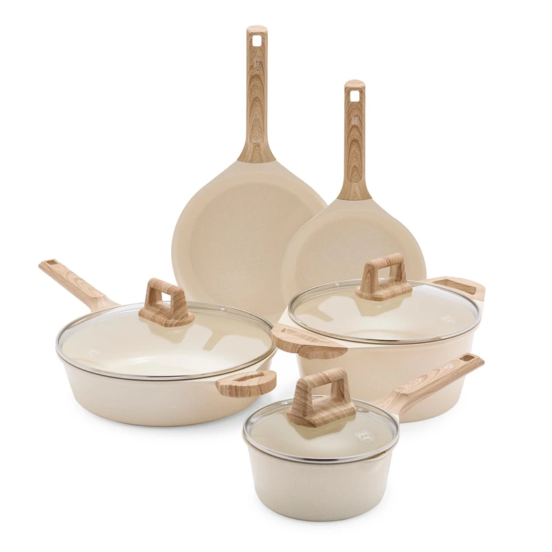 GreenChef Arte PFAS-Free Ceramic Nonstick Cookware Set, 8 Piece, Frying Pans, Saucepans, Sauté Pan & Stockpot with Glass Lids, Induction Compatible, Wood-Effect Handles, Cream - Image 1