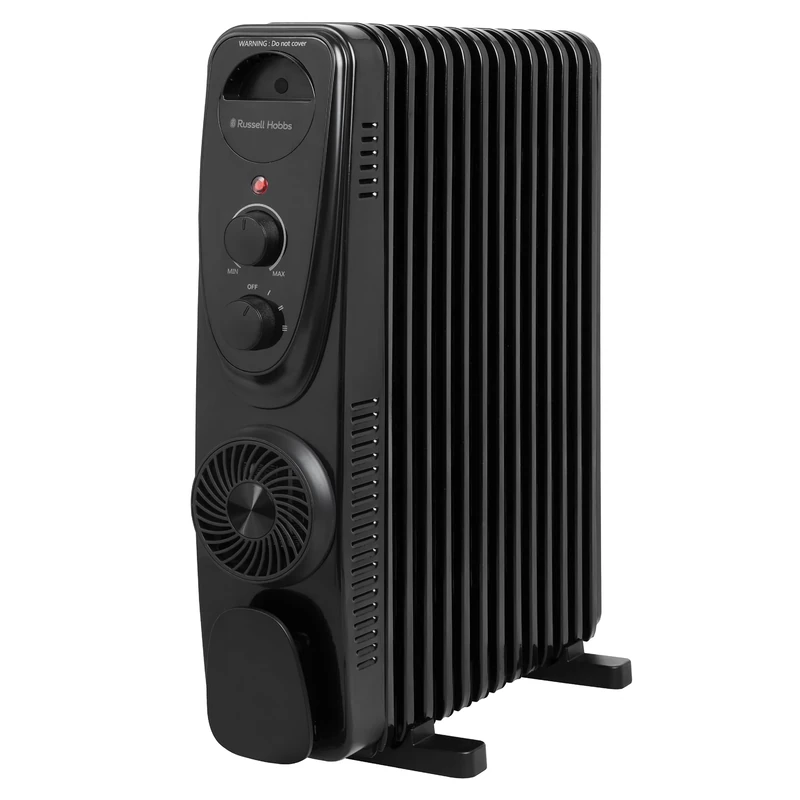 Russell Hobbs 13 Fin Oil Filled Radiator 2500W, Black Portable Electric Heater with 3 Heat Settings and Fan, Wheels & Integrated Handle, Overheat & Tip Protection, 29m² Room Size, RHOFR2403B