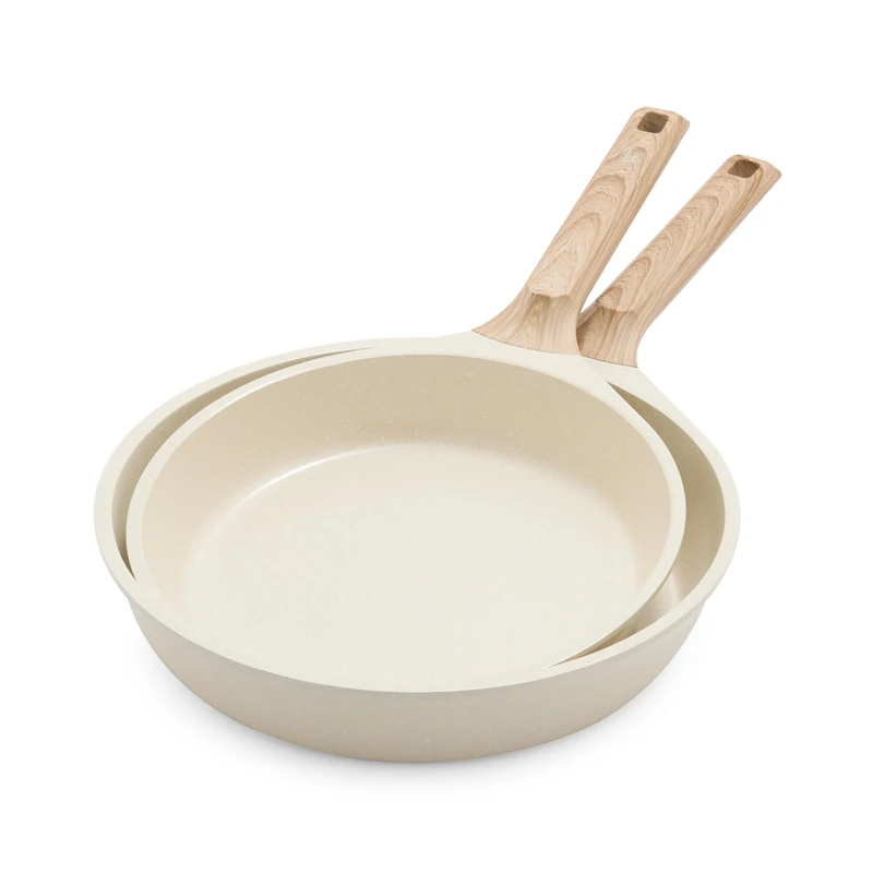 GreenChef Arte PFAS-Free Ceramic Nonstick Frying Pan Set, 24cm & 28cm, Induction Compatible, Wood-Effect Stay-Cool Handles, Easy Clean, Cream - Image 1