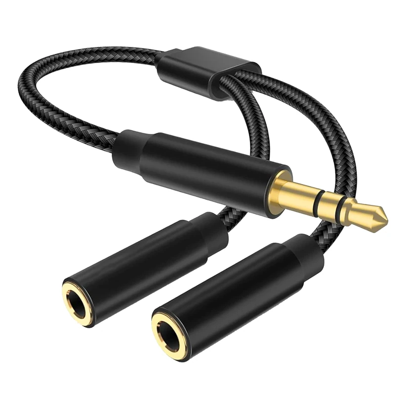 Headphone Splitter Cable 3.5mm Aux Splitter Adapter Nylon Braided Male to 2X Female Aux Extension Cord,headphone splitters 2 way,Compatible with Apple iPhone/iPod/iPad 23CM (Black)