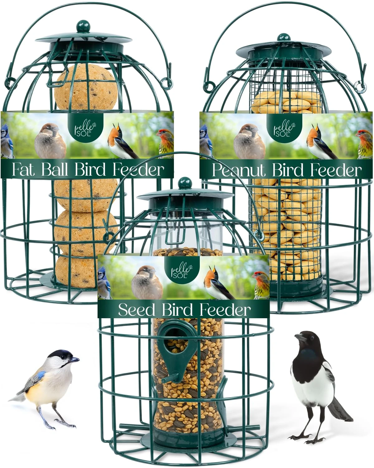 Pelle & Sol Bird Feeder – Fat Ball, Peanut & Seed Feeders for Wild Birds – Compact Metal Design, Squirrel-Proof, Weather Resistant Hanging Feeders for Garden Bird Stations